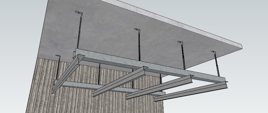 Widok 3D — profil TOP na konstrukcji C-U z zawiesiami noniuszowymi