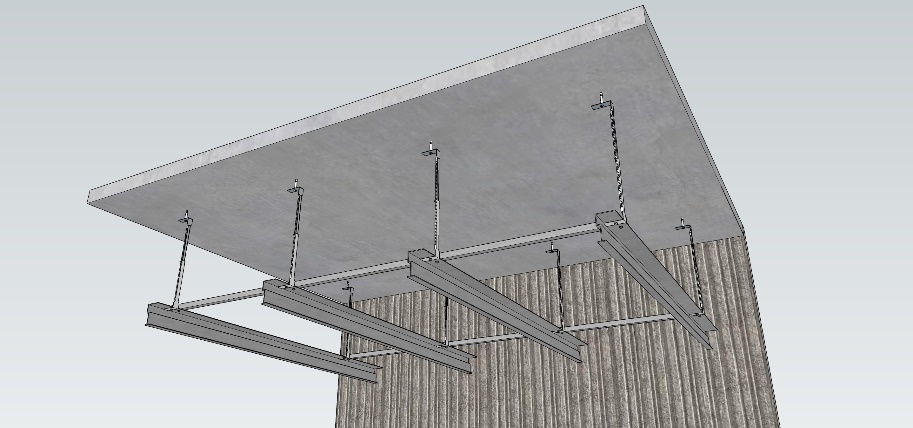 Widok 3D — profile TOP zawieszone bezpośrednio na zawiesiach noniuszowych